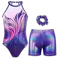 Gymnastics Leotards for Girls With Shorts Sparkly Ballet Dance Clasp Back Activewear