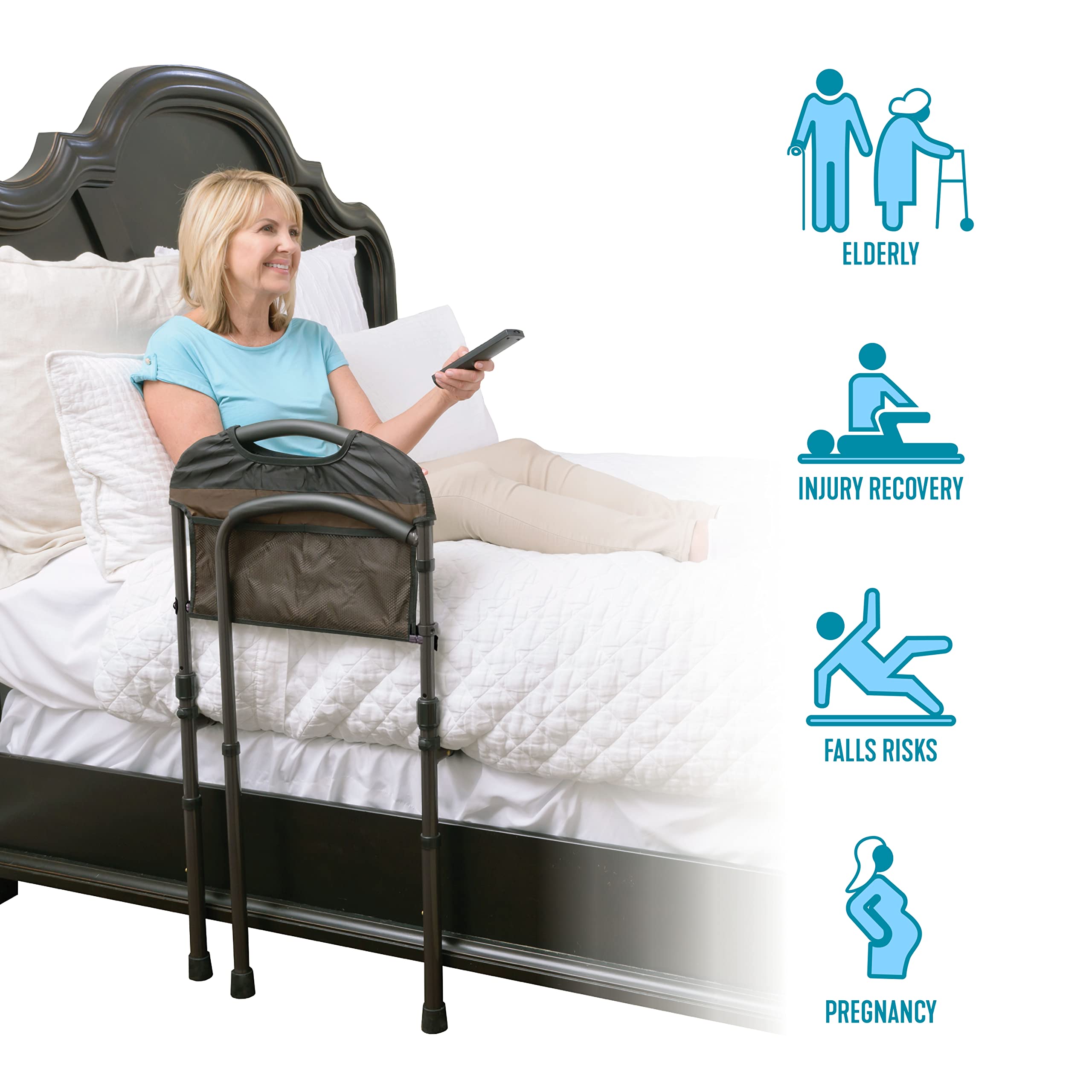 Stander Mobility Rail, Bed Rail and Assist Bar with Swing-Out Safety Handle for Adults, Seniors, and Elderly, Transfer Rail for Bed with Floor Support Legs and Pouch, Standing Assist, Mobility Aid