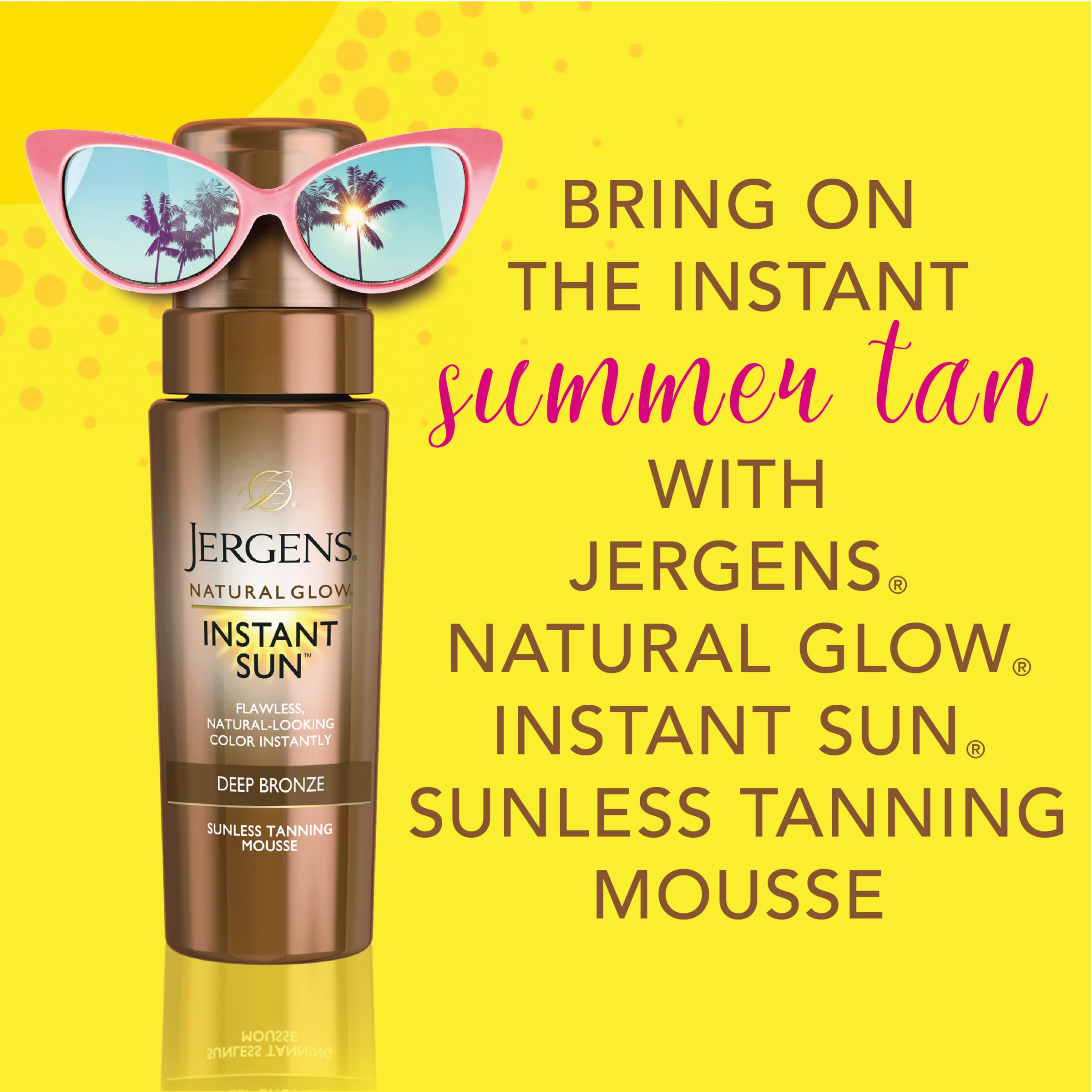 Jergens Natural Glow Instant Sun Body Mousse, Self Tanner for Deep Bronze Tan, Sunless Tanning Body Bronzer, Natural Looking Fake Tan, 6 Ounce