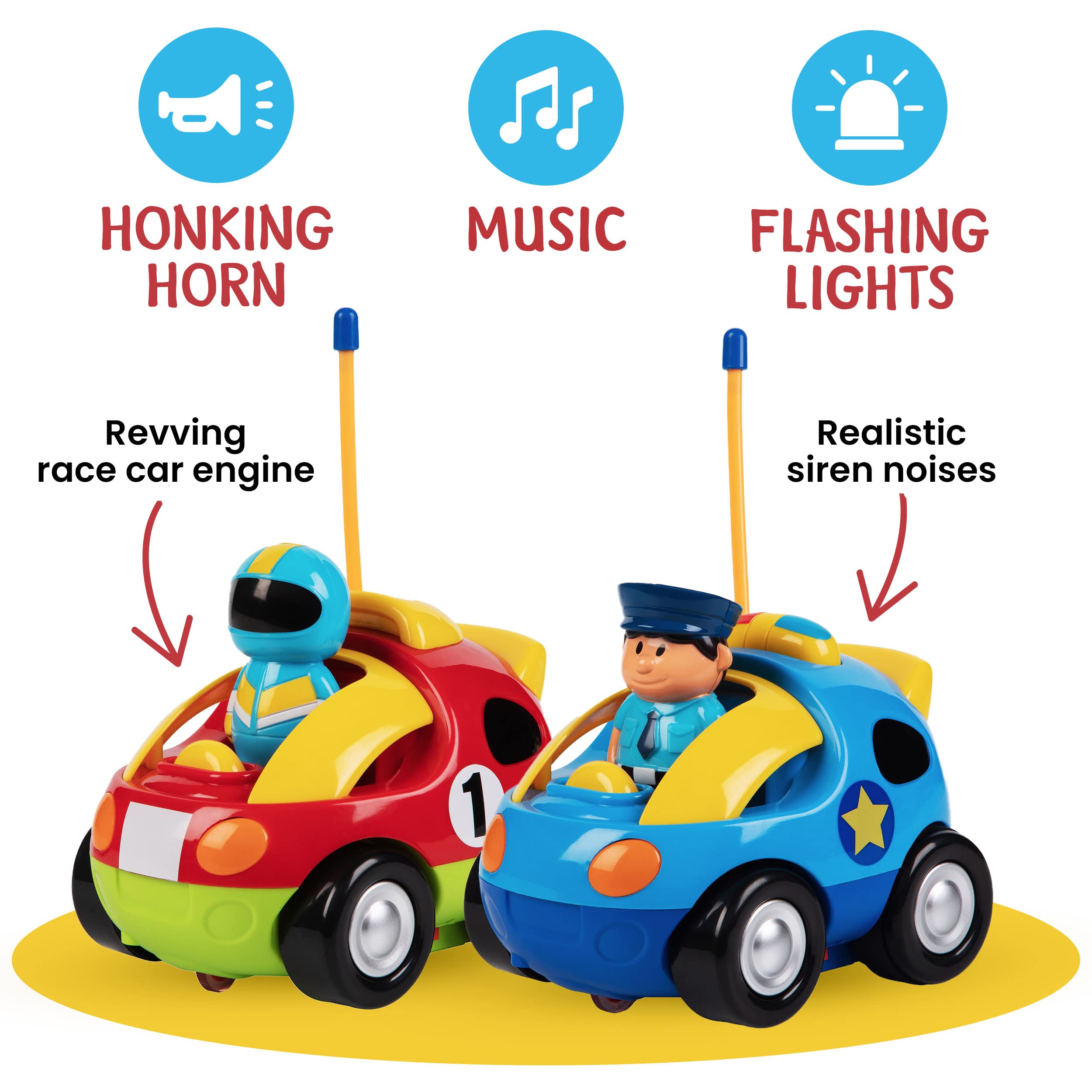 PREXTEX Toddler Remote Control Car, 2pk - Two Cartoon RC Cars: Police & Race Car - Birthday Gifts - Toddler Toys - Gift Toys for 3+ Year Old Boys, 3 Year Old Boy Toys, Car Toys for Boys 3-5 Years Old
