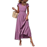 PRETTYGARDEN Womens Dresses 2024 Boho Short Sleeve V Neck Swiss Dot Ruffle Tiered Maxi Dress Smocked Long Cocktail Dresses
