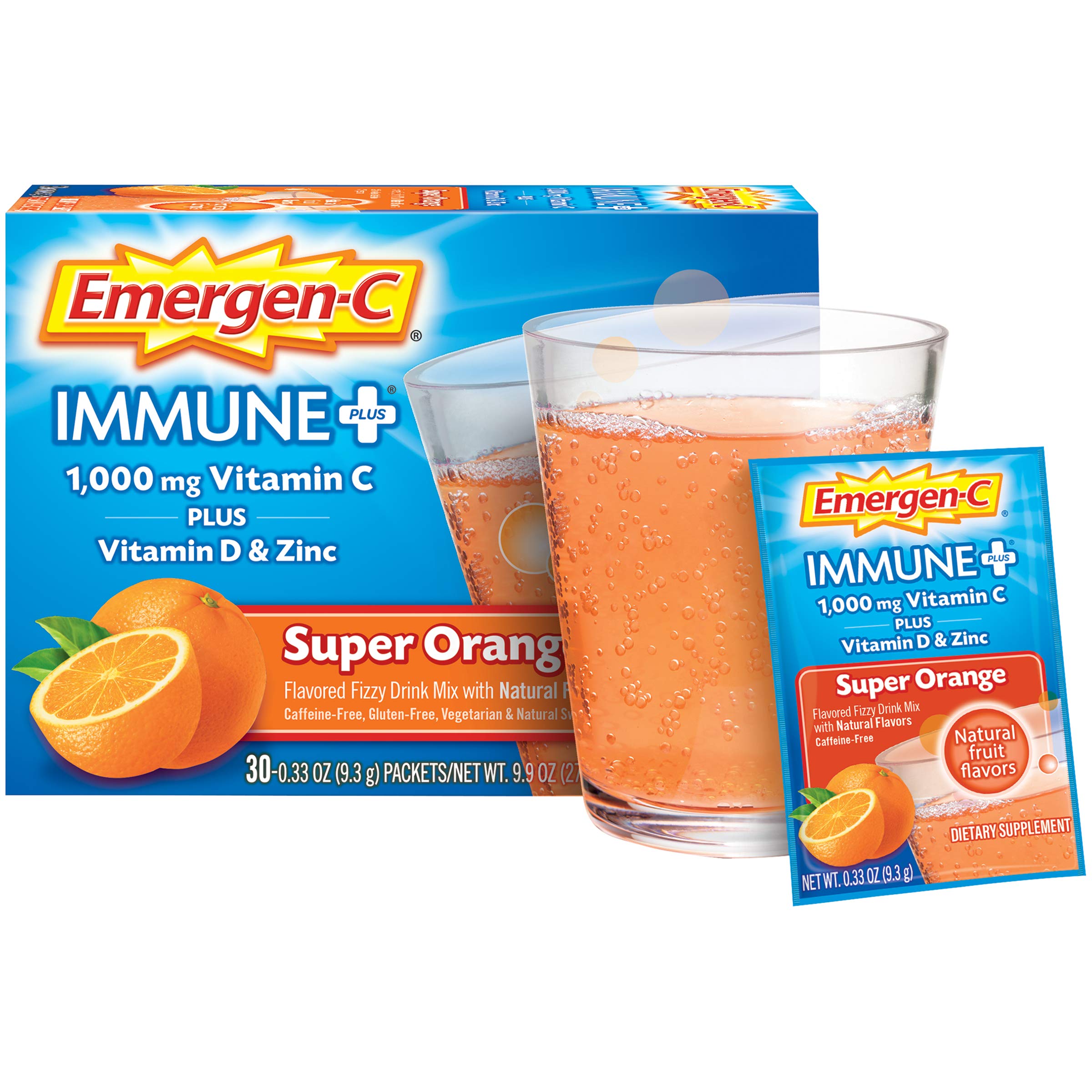 Emergen-C Immune+ 1000mg Vitamin C Powder, with Vitamin D, Zinc, Antioxidants and Electrolytes for Immunity, Immune Support Dietary Supplement, Super Orange Flavor - 30 Count/1 Month Supply