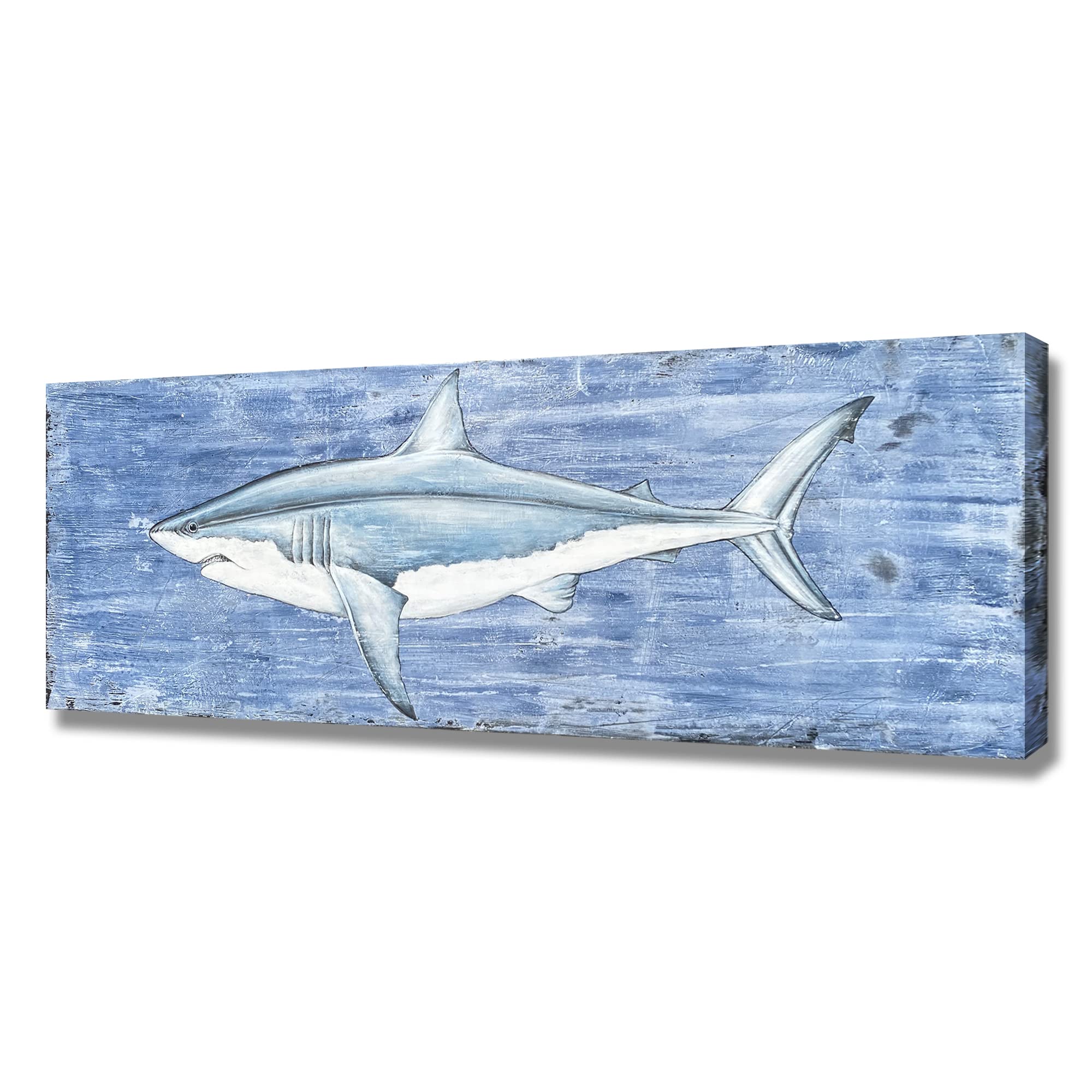 BATRENDY ARTS Shark Canvas Wall Art Blue Coastal Fish Painting Print with Textures Abstract Nautical Animal Picture for Livingroom Bedroom Bathroom