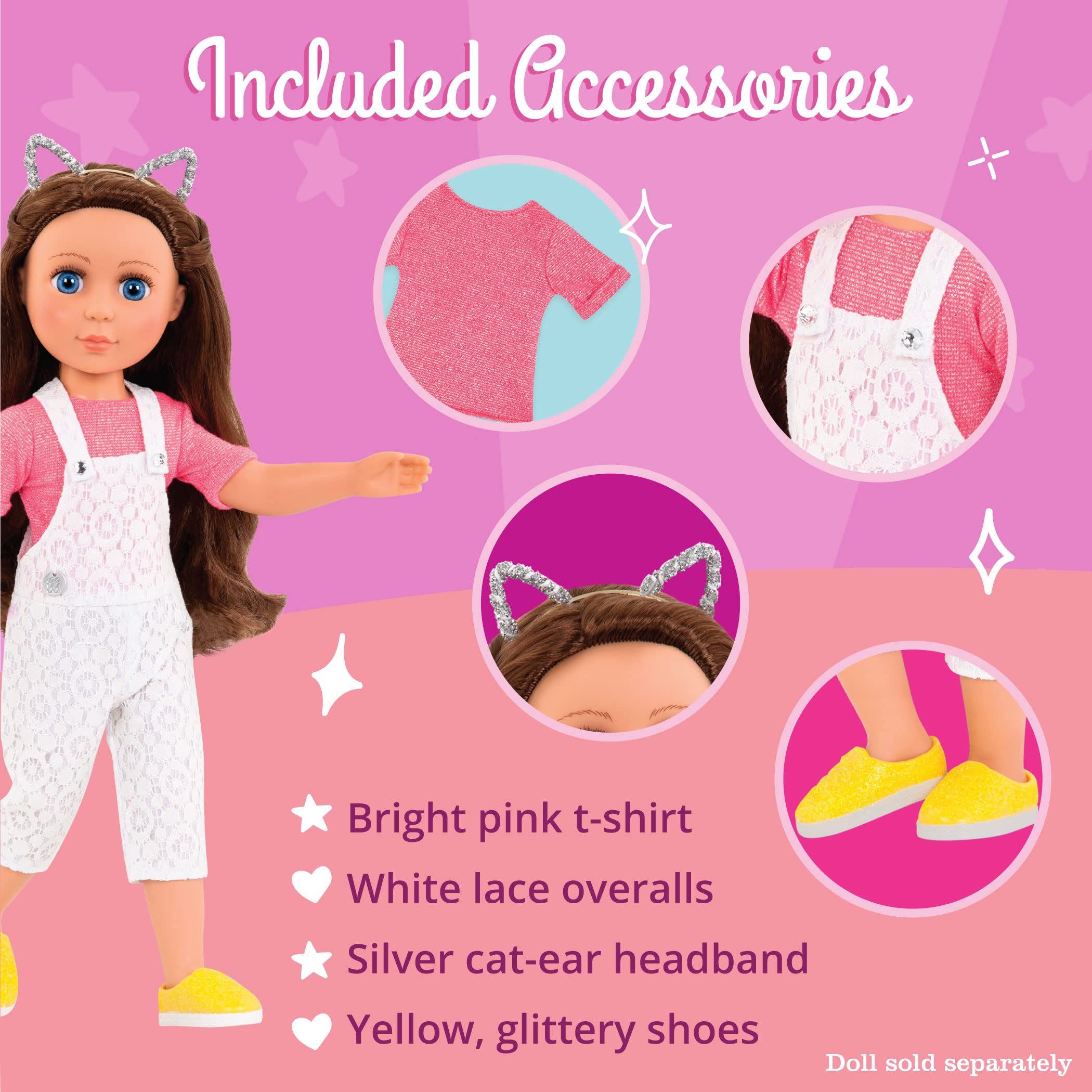 Glitter Girls – Glisten & Glam - Lace Overalls & Cat Ear Deluxe Outfit - 14-inch Doll Clothes– Toys, Clothes & Accessories For Girls 3-Year-Old & Up, includes Top (1)