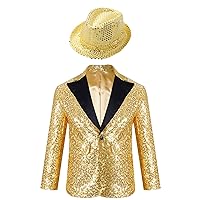 YiZYiF Kids Boys Shiny Sequins Jacket Coat Blazer Disco Dance Magician Costume Halloween Party Festival Dress Up with Hat