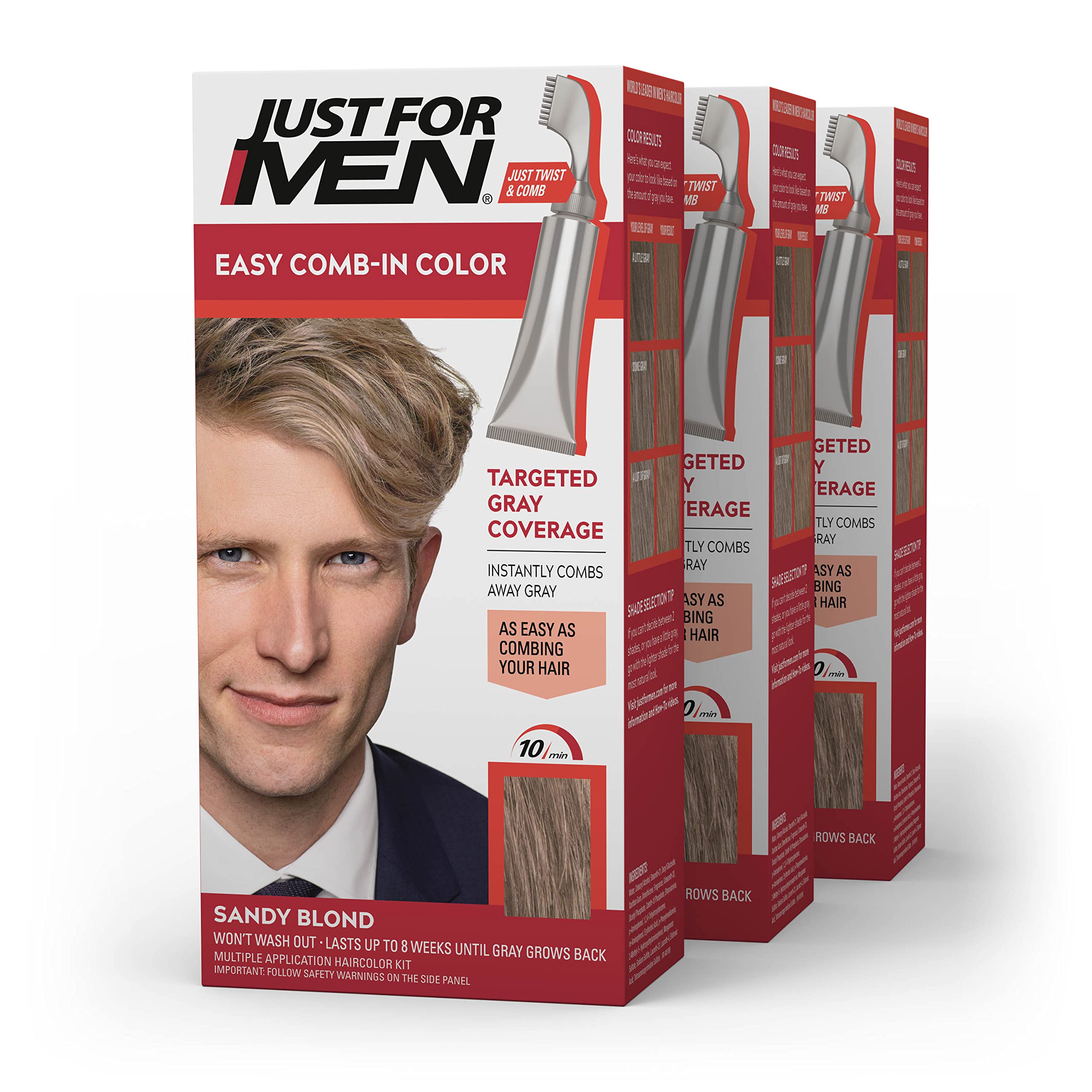 Just For Men Easy Comb-In Color (Formerly Autostop) Mens Hair Dye, Easy No Mix Application - Sandy Blond, A-10, 3 Pack