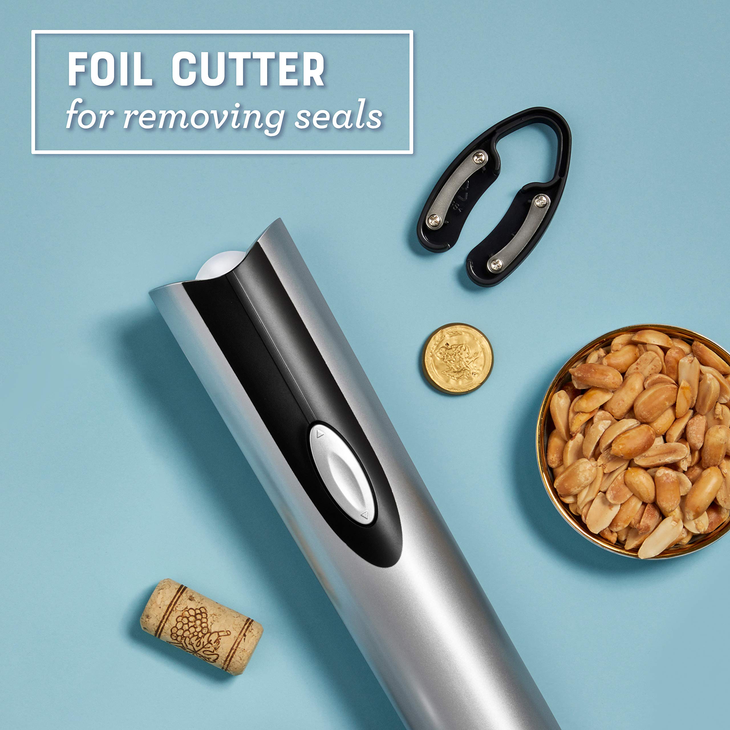 Oster Electric Wine Opener and Foil Cutter Kit with CorkScrew and Charging Base, Silver