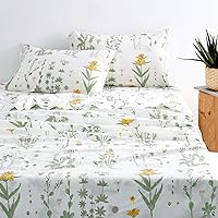 Wake In Cloud - Twin XL Size Bed Sheets, 100% Cotton Kids Dorm Bedding, 4-Piece Fitted Flat Sheet Set, Deep Pocket, Cute Floral Shabby Chic Coquette Botanical Flower Sage Green Yellow White Aesthetic