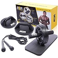 King Athletic ASM Fitness Box- Ab Wheel Roller with Thick Knee Pad Mat, Rotational Push Up Bar/Pushup Stand, Skipping Rope. Premium Home Gym Set