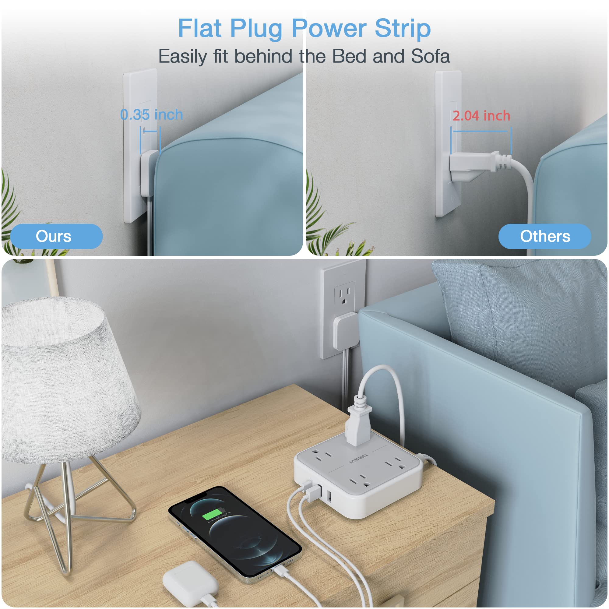 Flat Plug Power Strip, TESSAN 5 ft Ultra Thin Extension Cord with 3 USB Wall Charger(1 USB C Port), 4 Outlets Slim Desk Charging Station Compact for Travel, Office, School, Dorm Room Essentials