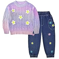 Peacolate 2-7Years Little Girls Spring Autumn 2pcs Clothing Set Long Sleeve Gradient Colour Sweater and Embroider Butterfly Flower Jeans(Purple,2T)