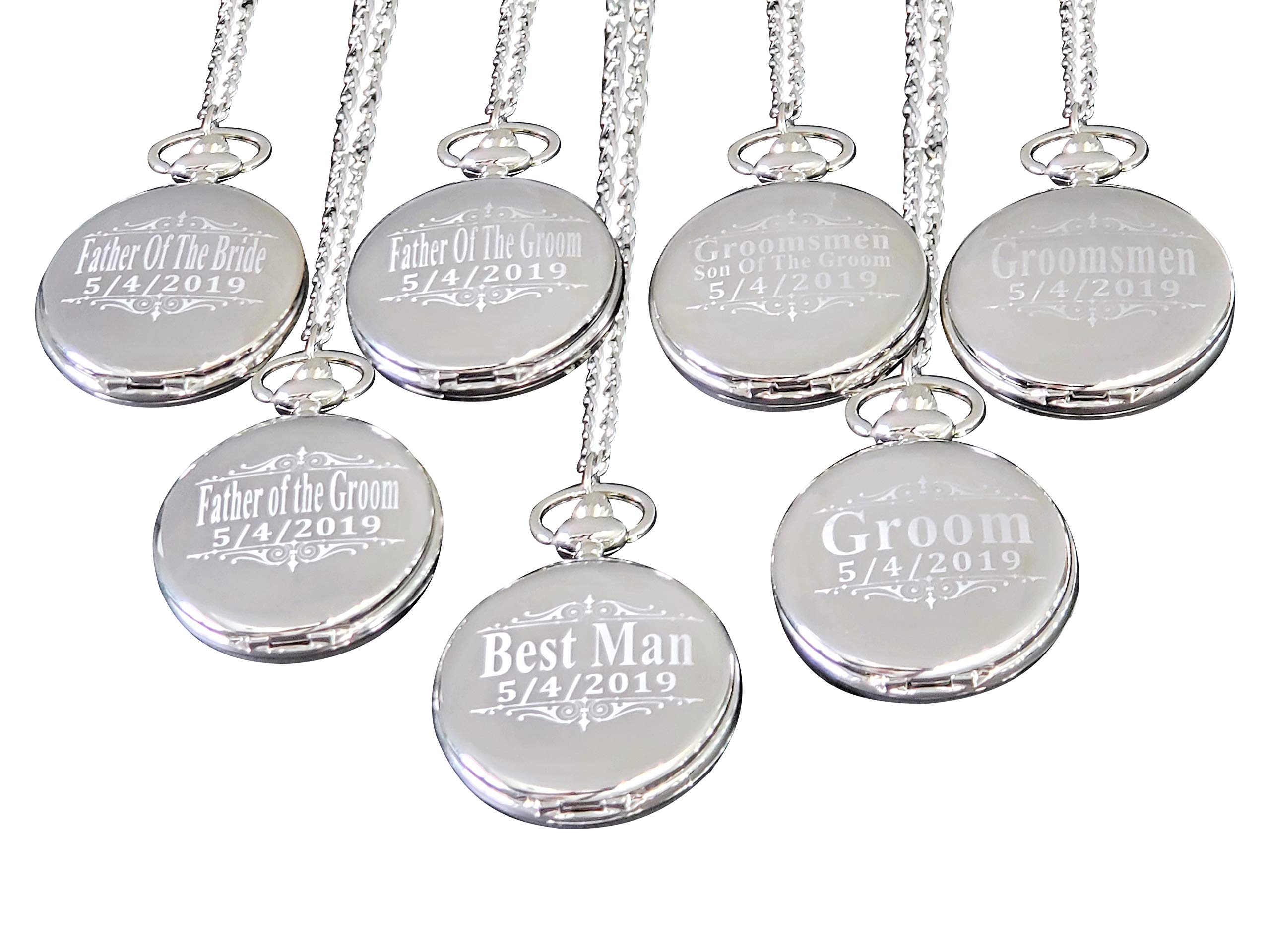 8 Personalized Pocket Watches, Set of 8 Groomsmen Wedding Unique Gifts, Chain, Box and Engraving Included, Comes in 4 Colors