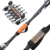 TorkStrap HD750 | 14'x1.5'' Spring Loaded Tie Down Straps - Adapts to Load Shifts - Heavy Duty 2250lbs Max Load - Just Pull Alternative to Ratchet Straps w/Hooks - Secure Motorcycles, Kayaks (4-Pack)