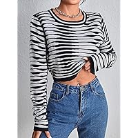 Sweaters for Women Two Tone Round Neck Sweater (Color : Black and White, Size : Large)