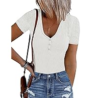 Women's Short Sleeve V Neck Ribbed Bodysuits Button Down Slim Fit Basic Knit Body Suits