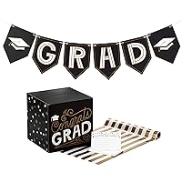 Hallmark 5GEY2000 Graduation Party Kit, Black and Gold (Banner, Table Runner, Card Box, 25 Advice Cards) Graduation Kit, One