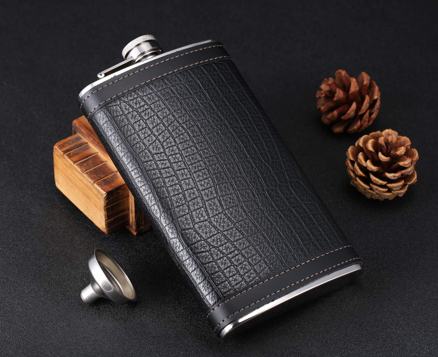 TOX TANEAXON 12 oz Pocket Black Whiskey Liquor Leather Wrapped Flask with Funnel and Premium Box - Stainless steel and Leak Proof