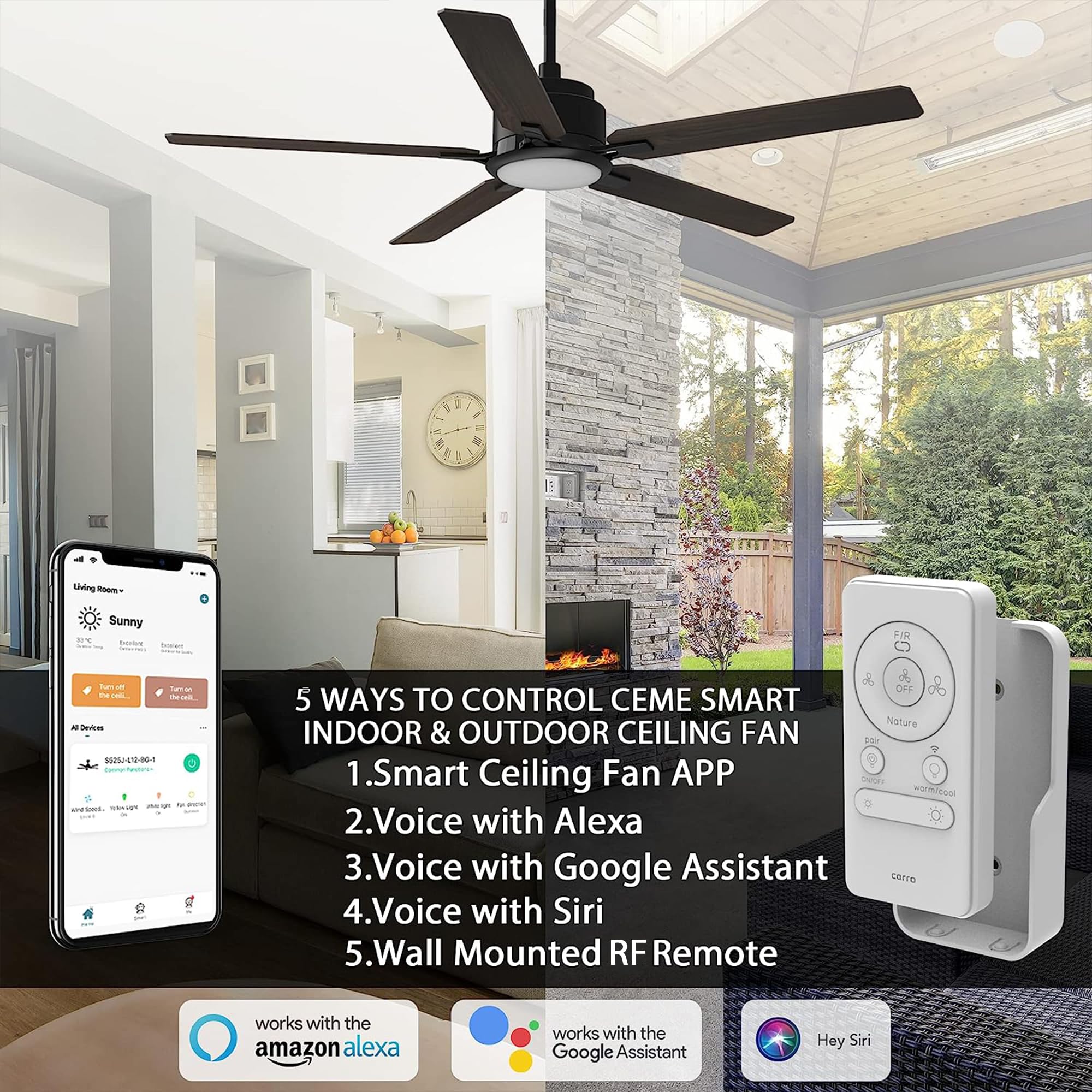 CEME Smart Ceiling Fan with Lights, Indoor & Outdoor Ceiling Fan with Remote, 10 Speeds Smart Ceiling Fan Works with Alexa, Siri & Google, 52 Inch Modern Ceiling Fan with DC Motor, Black Ceiling Fan