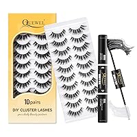 DIY Eyelash Extensions 10 Pairs Lash Clusters Natural Look Eyelash Clusters with Cotton Thin Band+QUEWEL Lash Bond and Seal, Lash Cluster Glue for DIY Eyelash Extensions, Individual Lash Glue