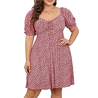 Pinup Fashion Women Plus Size Casual Puff Sleeve Smocked Short Summer Sundress A Line Babydoll Cute Mini Dresses