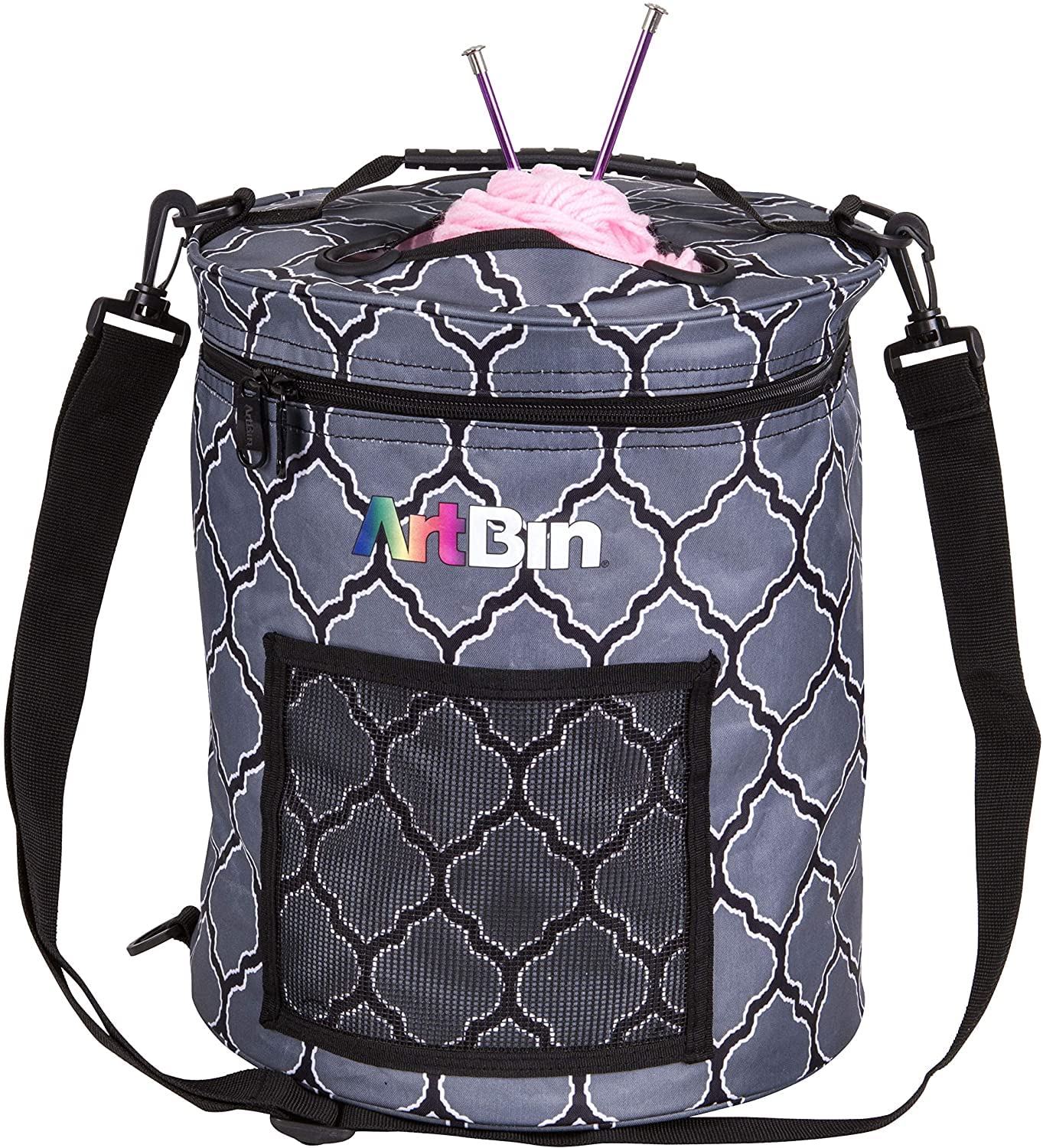 ArtBin 6804SA Yarn Drum, Portable Knitting & Crochet Storage, [1] Poly Canvas Tote Bag, Gray Print