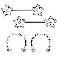 Body Candy Women 4Pc 14G Nipplerings Piercing Steel White Flower Horseshoe Barbell Nipple Ring Set 5/8
