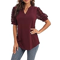 Womens Summer Tops Business Casual V Neck T-Shirts Puff Short Sleeve Tops Blouses