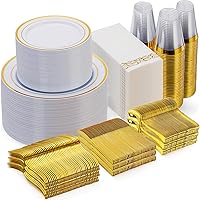 700 Piece Gold Dinnerware Set for 100 Guests, Disposable for Party, Include: 100 Gold Rim Dinner Plates, 100 Dessert Plates, 100 Paper Napkins, 100 Cups, 100 Gold Plastic Silverware Set