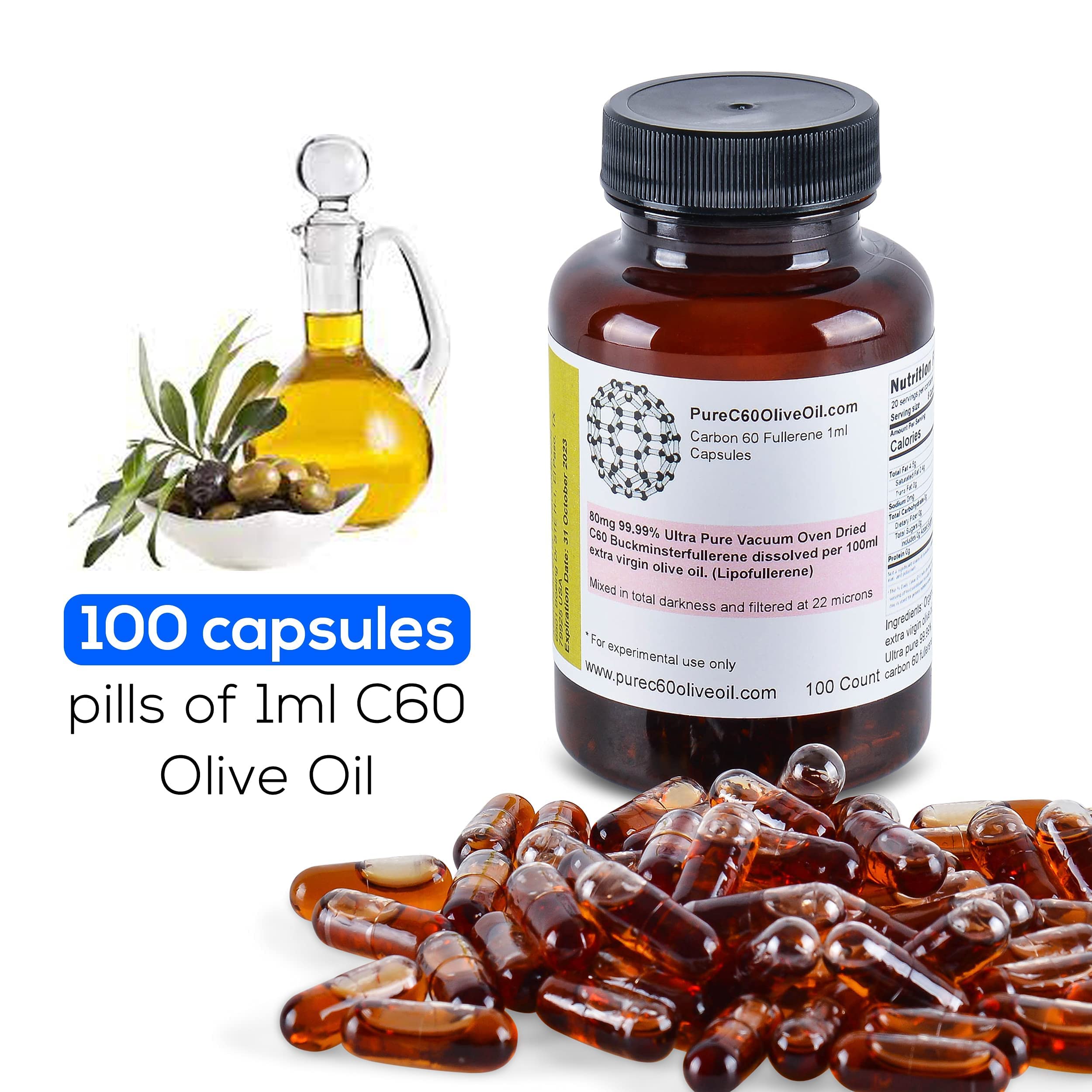 PureC60OliveOil C60 Olive Oil Capsules Pills 100ml / 3.4 Fl Oz - 99.99% Carbon 60 Solvent Free 80mg - Food Grade - Carbon 60 Olive Oil - From The Leading Global Producer