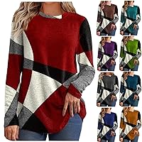 UOFOCO French Cashmere Geometric Pattern Asymmetrical Tops Sweaters Sweatshirts for Women Crew Neck Fitted Warm Pullover red