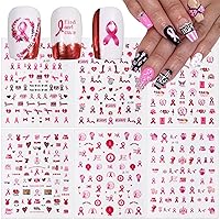 6 Sheets Breast Cancer Nail Stickers Pink Ribbon 3D Self-Adhesive Nail Decals Breast Cancer Awareness Pink Ribbon Nail Stickers Pink Heart Ribbon Nail Decals for Women Girls DIY Manicure Decoration