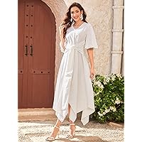 Women's Dress Frilled Cuff Tie Front Hanky Hem Dress (Color : White, Size : X-Small)