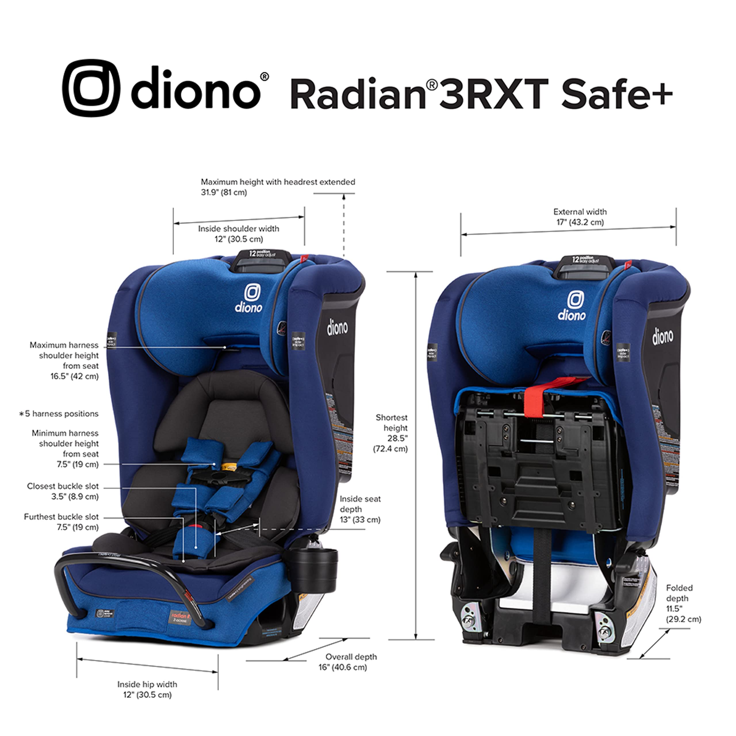 Diono Radian 3RXT SafePlus, 4-in-1 Convertible Car Seat, Rear and Forward Facing, SafePlus Engineering, 3 Stage -Infant Protection, 10 Years 1 Car Seat, Slim Fit 3 Across, Blue Sky