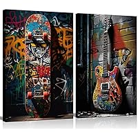 2pcs Framed Street Graffiti Canvas Wall Art Hip Hop Pop Banksy Pictures Posters Paintings Prints Teen Boys Room Wall Decor Modern Cool Skateboard Guitar Artwork for Man Cave Living Room 16x24inx2
