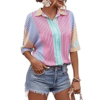 Milumia Women Casual Striped Button Up Blouse Half Sleeve Collar Work Shirts Tops