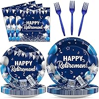 gisgfim 96 Pcs Retirement Party Plates and Napkins Party Supplies Paper Happy Retirement Party Tableware Set Blue Silver Decorations Favors for Men Women for 24 Guests