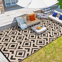Outdoor Rug, 6x9ft Waterproof Reversible Mat Indoor Outdoor Rugs Carpet, Small Area Rug Plastic Straw Rug for Patio Deck Balcony Pool RV Camping Beach Picnic, Black & Beige