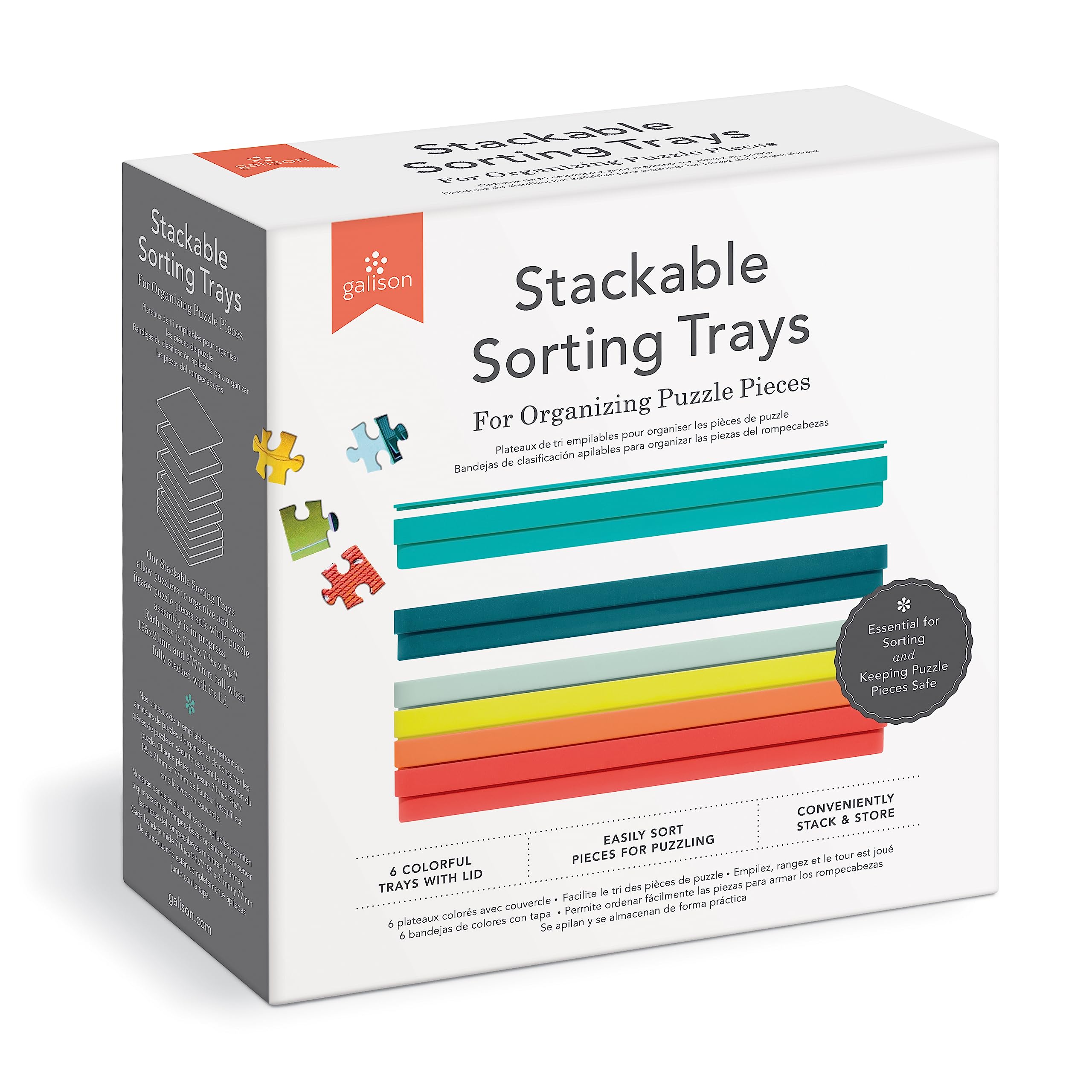 Puzzle Sorting Tray Set from Galison - Includes 6 Multi-Colored Stackable Sorting Trays (7.7