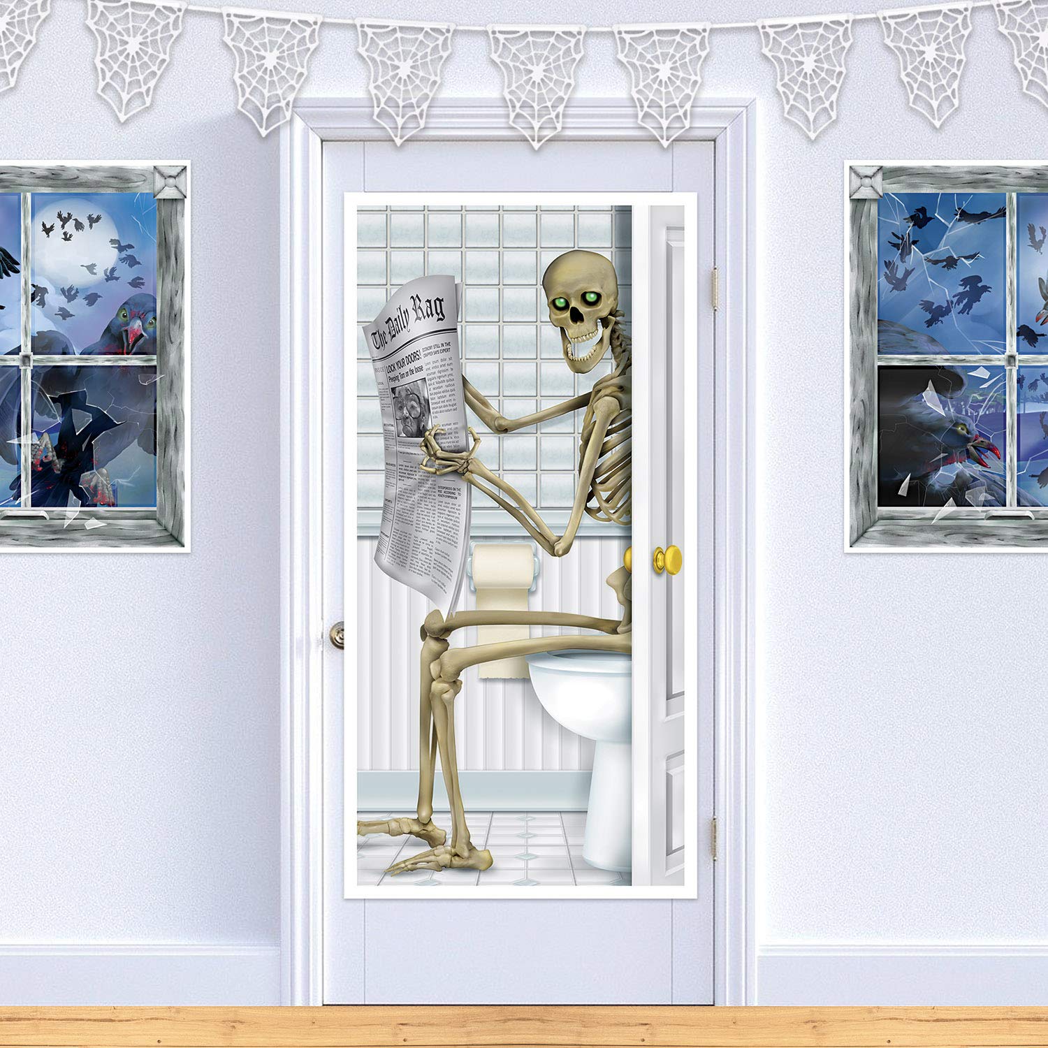 Beistle Skeleton Restroom Door Cover, 5’ x 30” – Spooky Halloween Party Decor - Bone Chilling Design – Easily Display – Plastic for Indoor & Outdoor Use – Creepy Bathroom Accessory