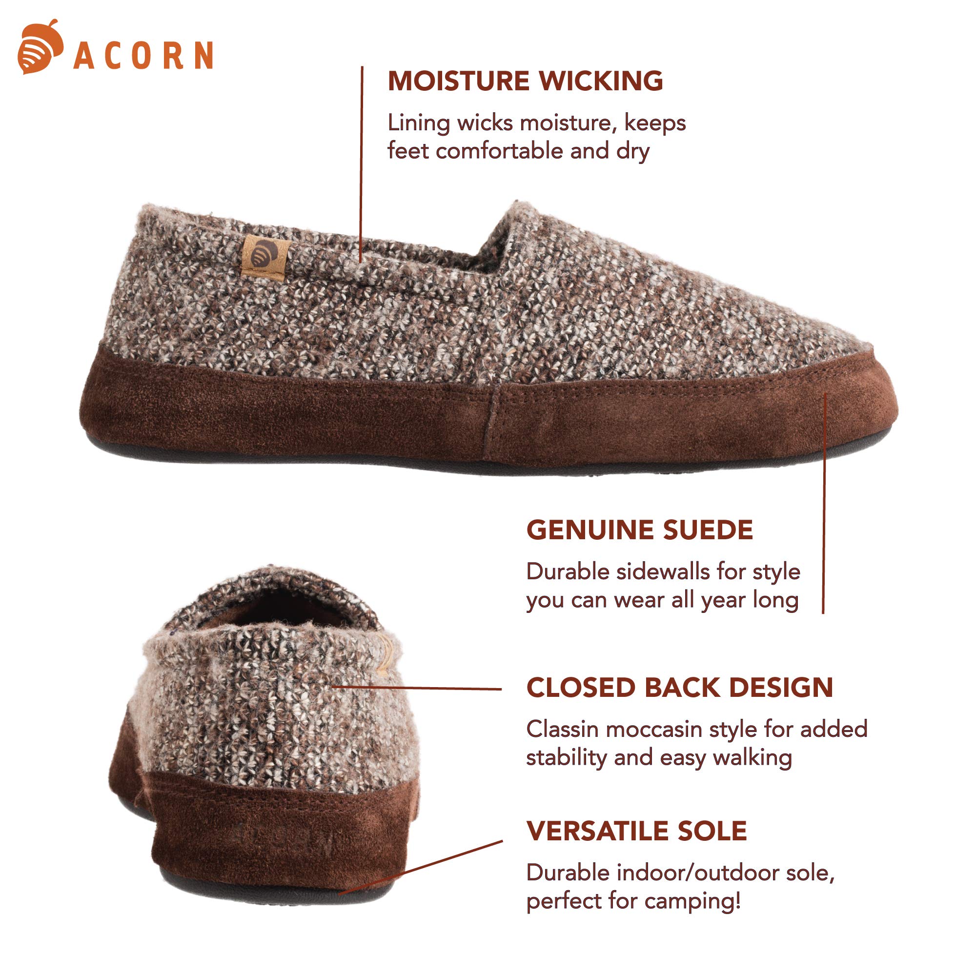 Acorn Men's Moc Slippers with Memory Foam Insole Suede Sidewall and Rubber Outsole