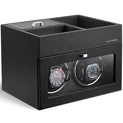 Vlando Automatic Double Watch Winder - Watch Winder Box with Men Jewelry Organizer Tray, Japanese Quiet Motor, LED Light, Adjustable Watch Pillows, AC Adapter - Black