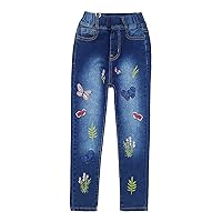 KIDSCOOL SPACE Little Girl Embroidered Slim Jeans, Big Girls Elastic Waist Denim Bottom Pants