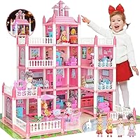 4 Stories Dollhouse for Girls 2 3 4 5 6 7 8 Year Old - Huge Doll House w/ 4 Dolls Figure with Furniture, Accessories, LED Light, Princess Dream House Toys Gift for Toddler Kids 3+, Pink
