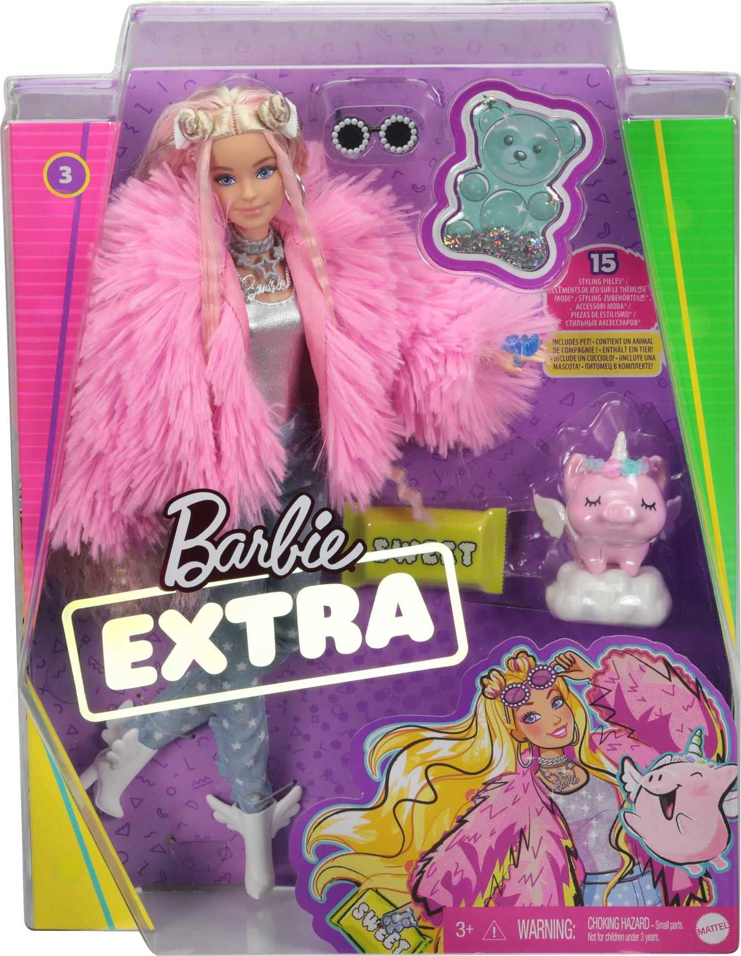 Barbie Extra Doll & Accessories with Pink-Streaked Blonde Crimped Hair in Fluffy Pink Coat with Pet Unicorn-Pig