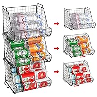 Stacking Can Dispensers 3 Tier with 3 Divider, Large Pantry Can Organizer, Standing Water Bottle Holder, Beverage Drink Pop Soda Can Storage Basket, Canned Food Rack Wire Bins for Kitchen Cabinet