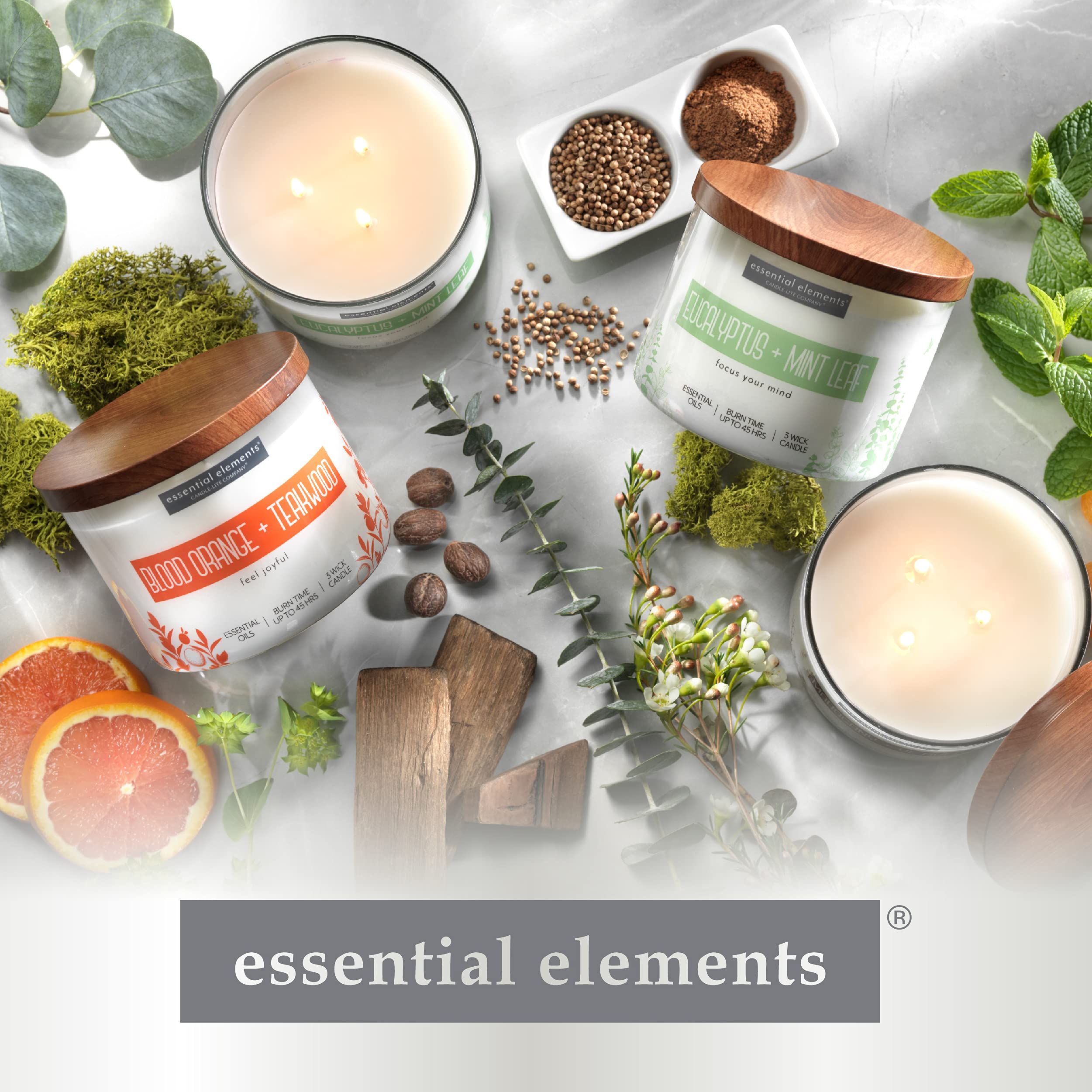 Essential Elements by Candle-lite Scented Candles, Blood Orange & Teakwood Fragrance, One 14.75 oz. Three-Wick Aromatherapy Candle with 45 Hours of Burn Time, Off-White Color