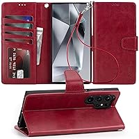 Case for Samsung Galaxy S24 Ultra 5G Wallet Case Flip Cover with Card Holder,Faux Leather Galaxy S24 Ultra 6.8 inch Case Wallet for Women and Men with Kickstand Wristlet Strap,Wine Red