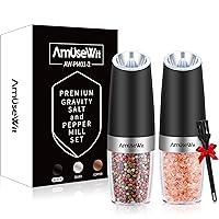 AmuseWit Gravity Electric Pepper and Salt Grinder Set of 2 [White Light] Battery Operated Automatic Pepper and Salt Mills with Light,Adjustable Coarseness,One Handed Operation,Black