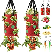 8pcs Strawberry Grow Bags,3 Gallon 13 Holes Plant Hanging Planters Tomato Planting Pots Thicken Breathable Gardens Upside Down Planter,with 2 Pack Plant Self Watering Spikes