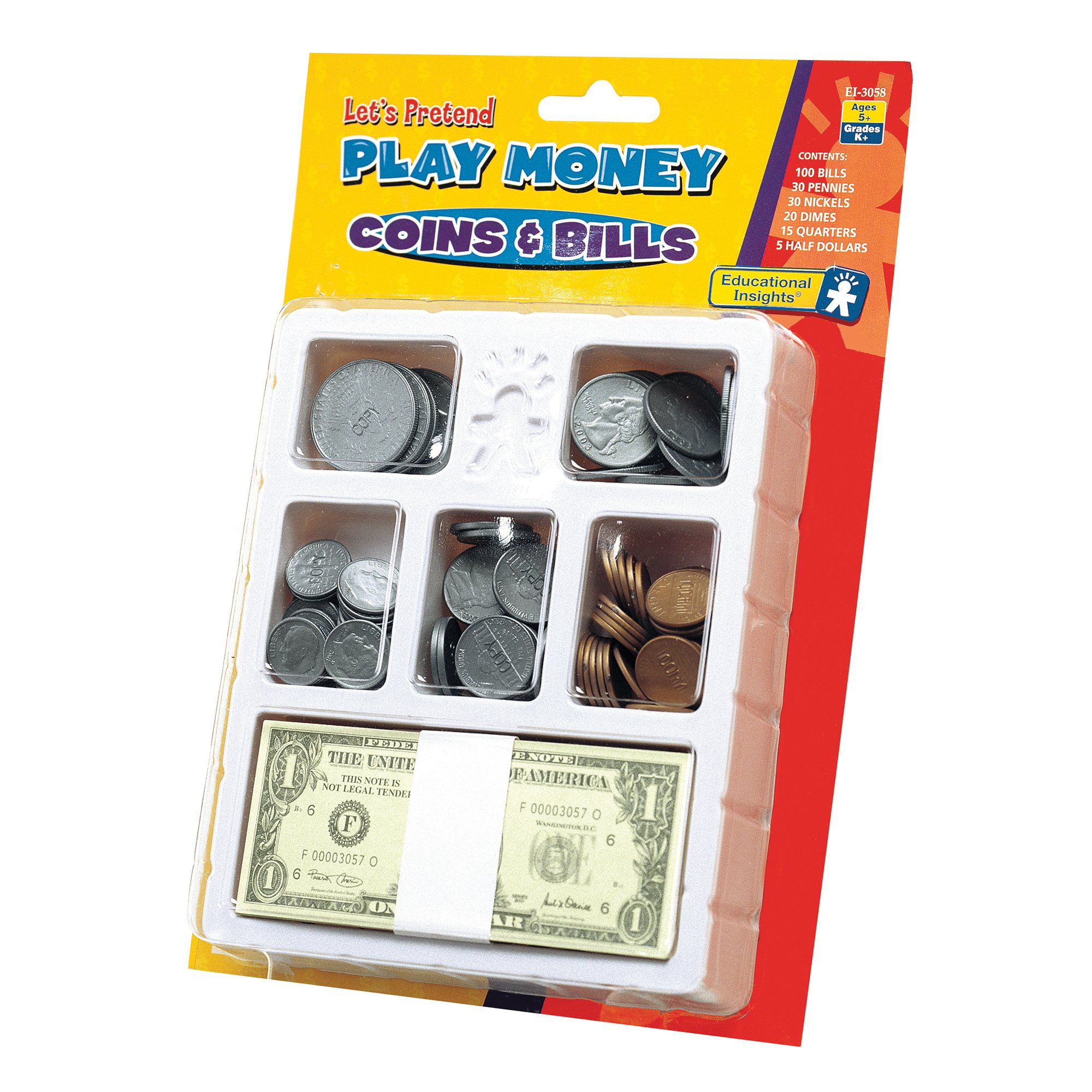 Educational Insights Play Money Coins & Bills Tray, Set of 200 Pieces of Play Money for Classroom or Home, Counting Skills & Pretend Play, Ages 5+